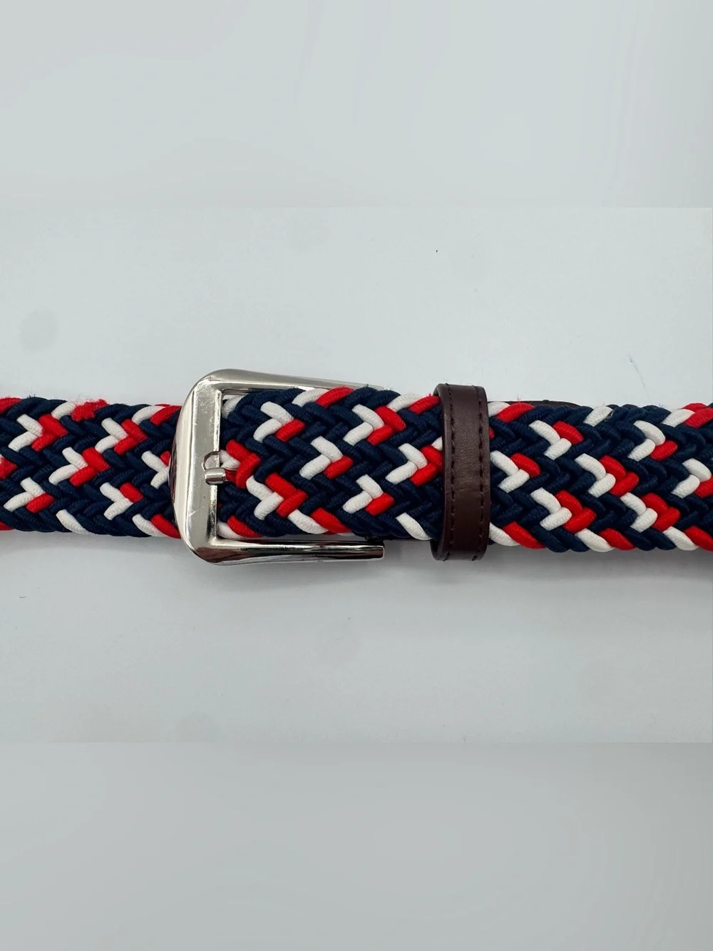 Vintage Braided Stretch Belt Navy Red White Brown Leather Trim Preppy Nautical